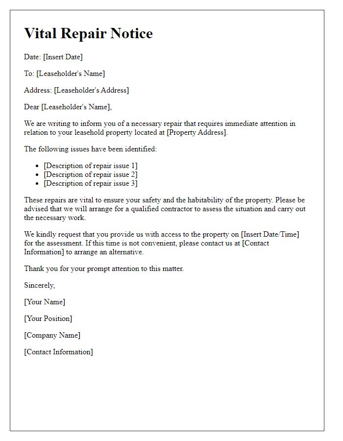 Letter template of vital repair notice for leaseholders