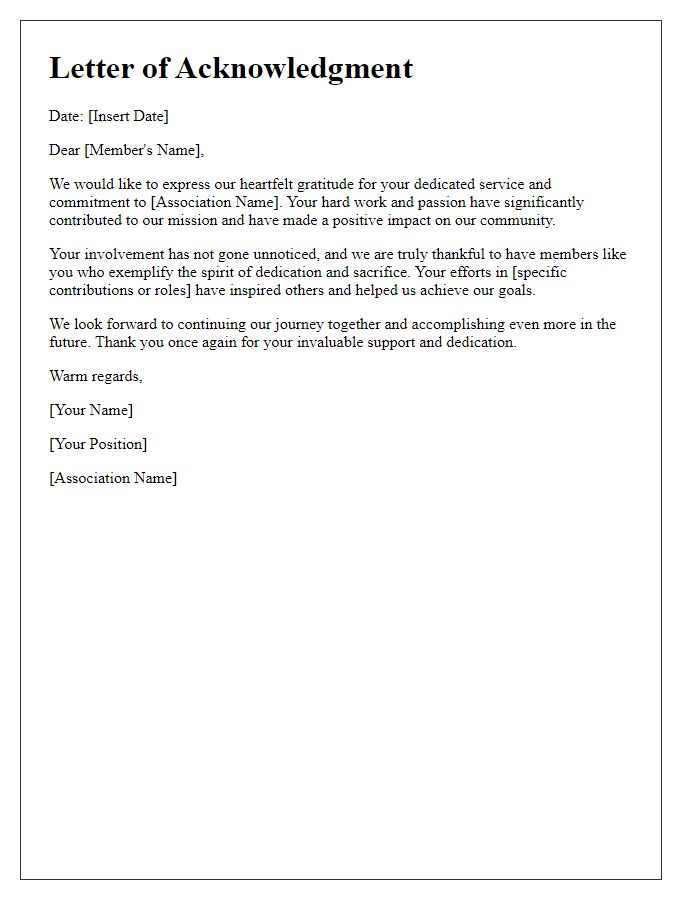 Letter template of acknowledgment for dedicated association members