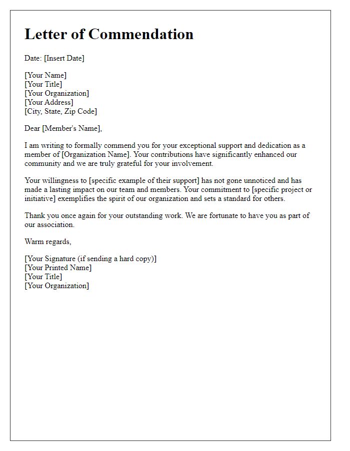 Letter template of commendation for exceptional association member support