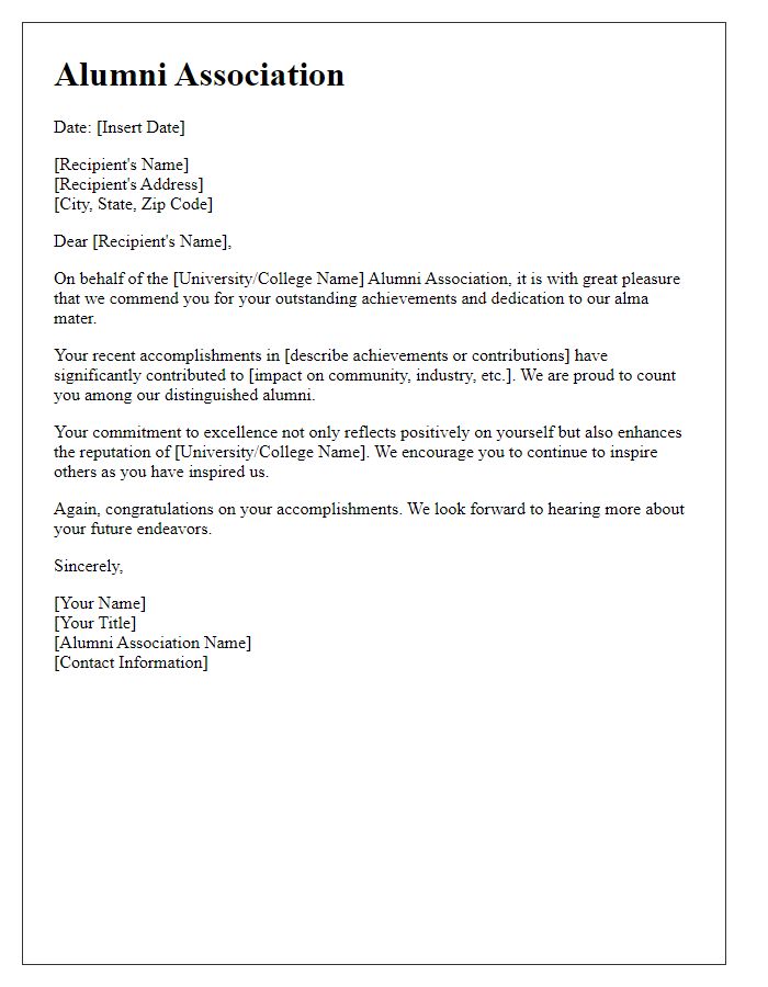 Letter template of alumni association commendation.