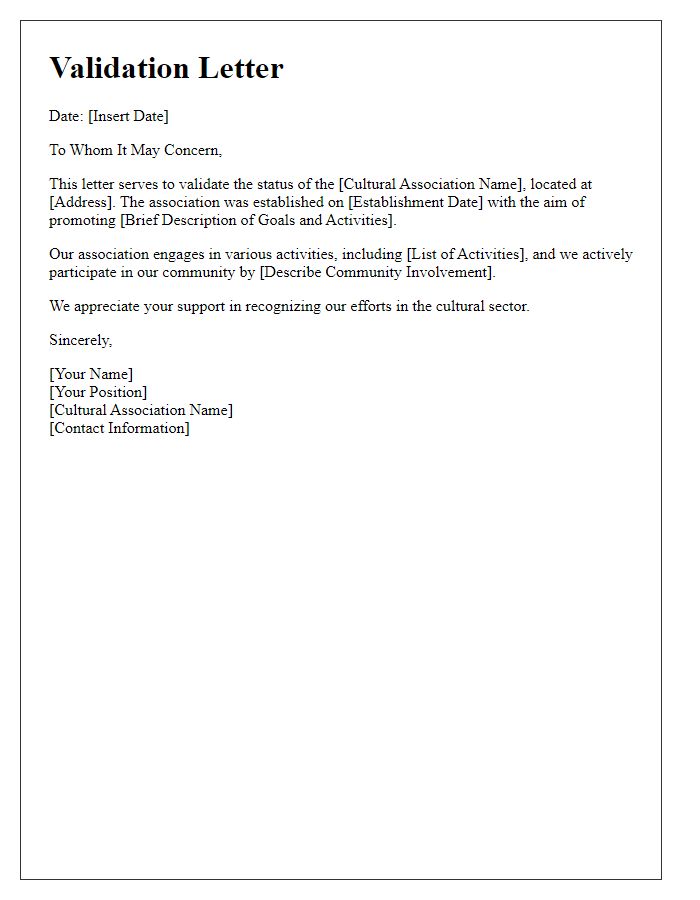 Letter template of cultural association validation.