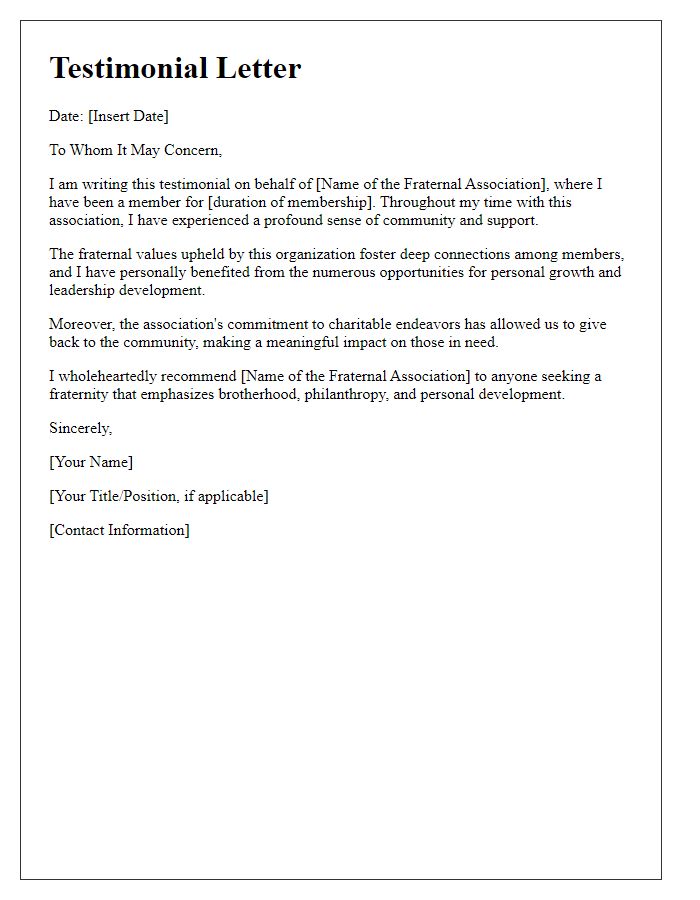 Letter template of fraternal association testimonial.