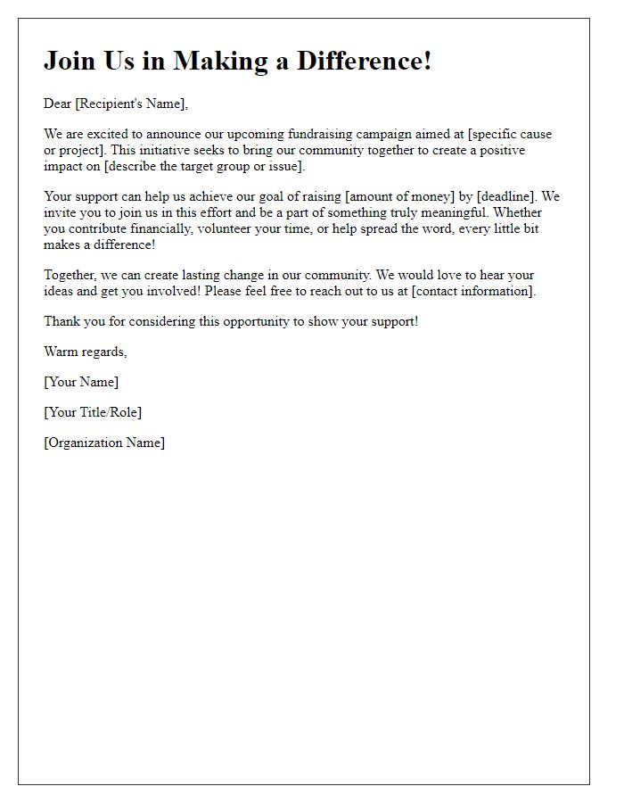 Letter template of fundraising campaign introduction for community involvement