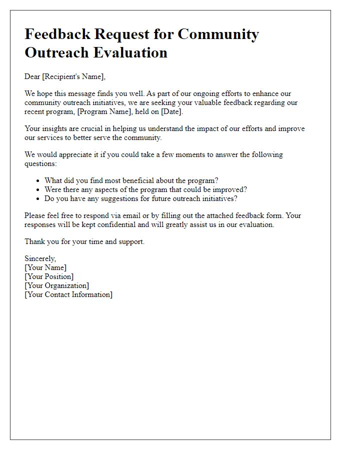 Letter template of feedback request for community outreach evaluation