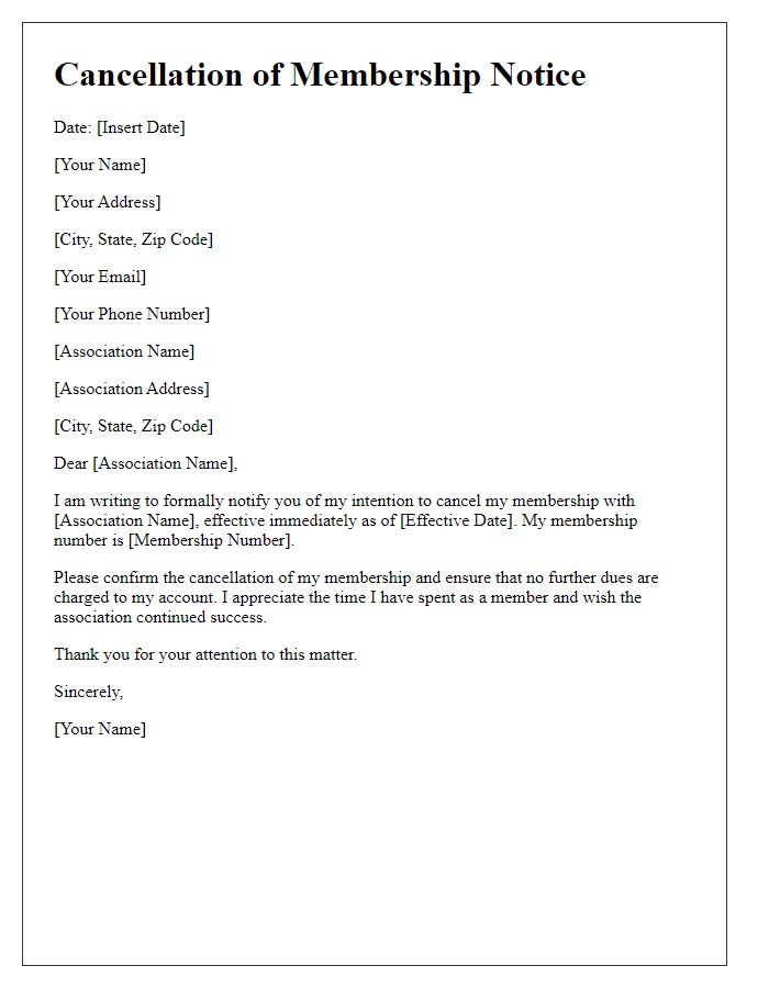 Letter template of cancellation notice for association membership