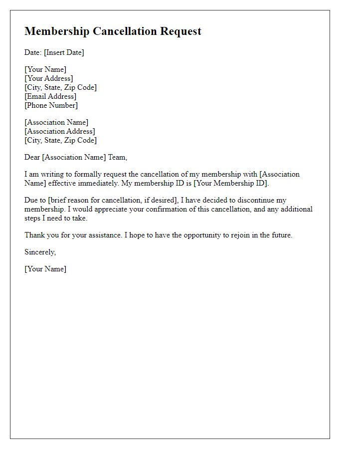 Letter template of membership cancellation request for association services