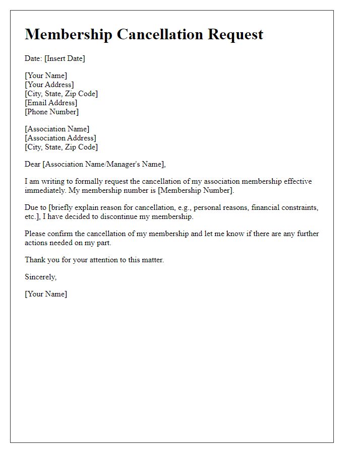 Letter template of request to cancel association membership