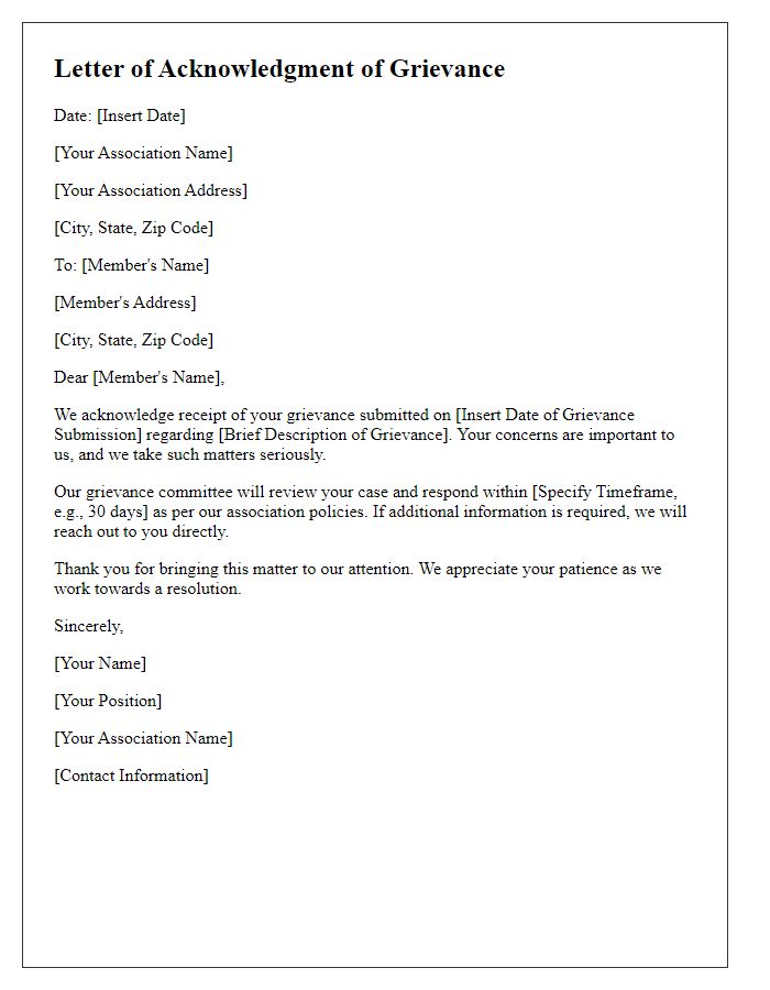 Letter template of Acknowledgment of Grievance from Association Member