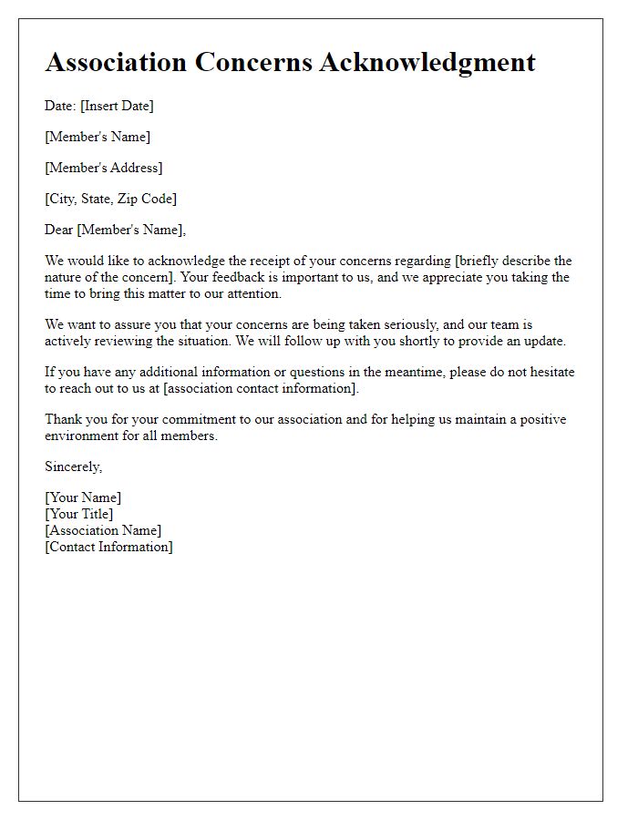 Letter template of Association Concerns Acknowledgment for Members