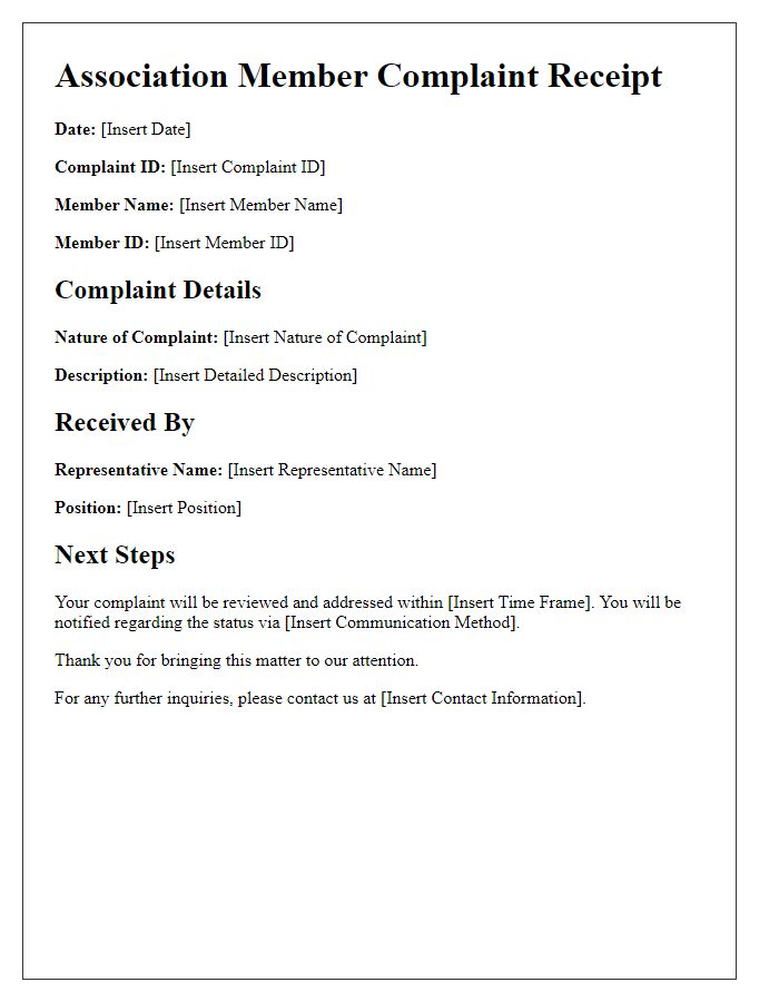 Letter template of Association Member Complaint Receipt