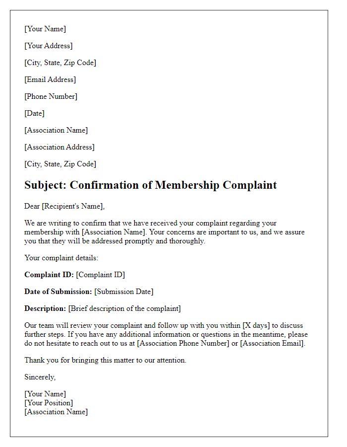 Letter template of Association Membership Complaint Confirmation