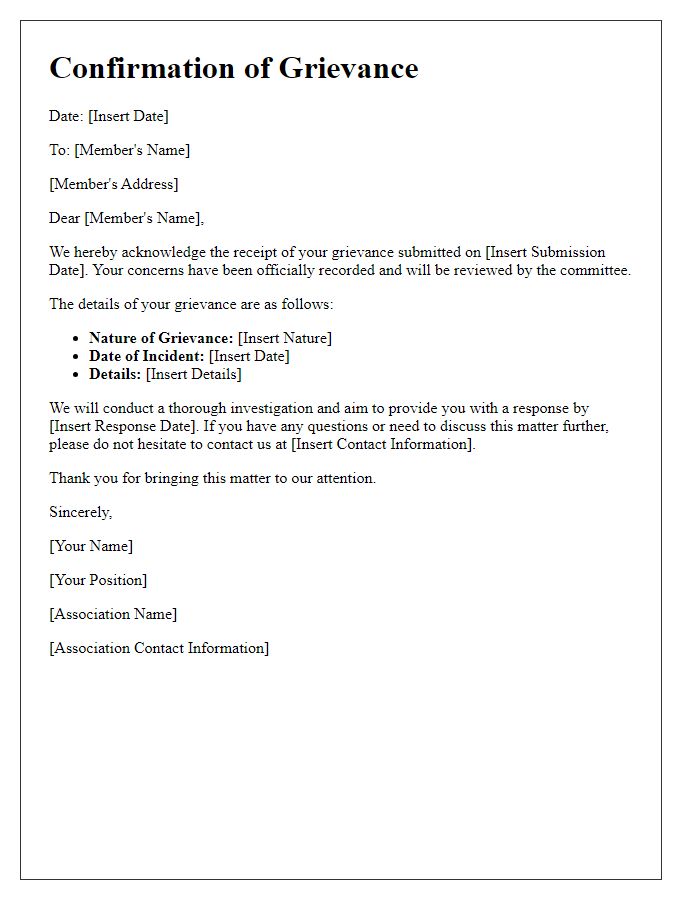 Letter template of Confirmation of Grievance from Association Members