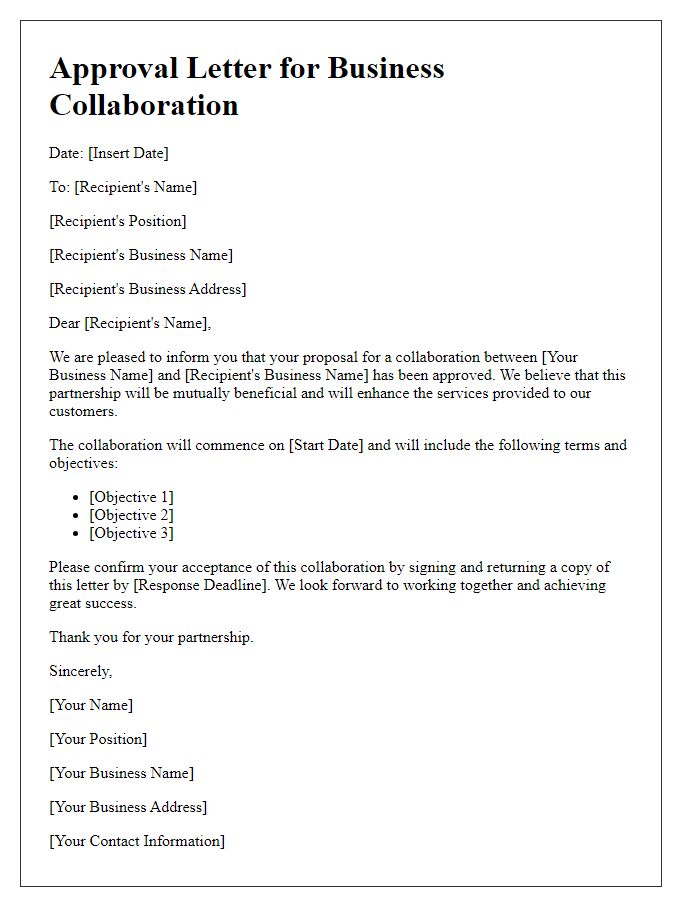 Letter template of approval for a local business collaboration