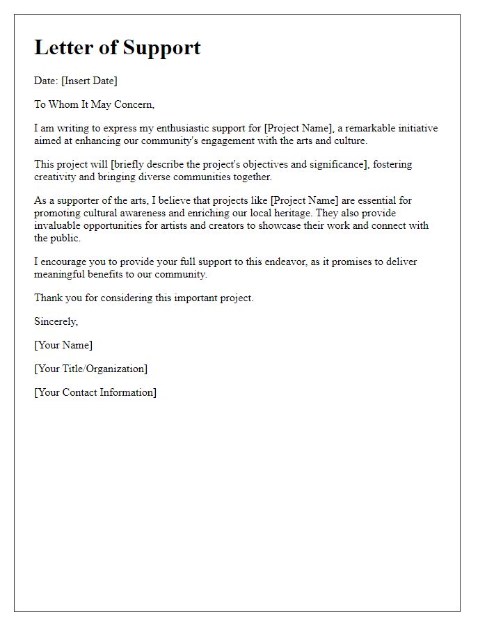 Letter template of backing for arts and culture projects