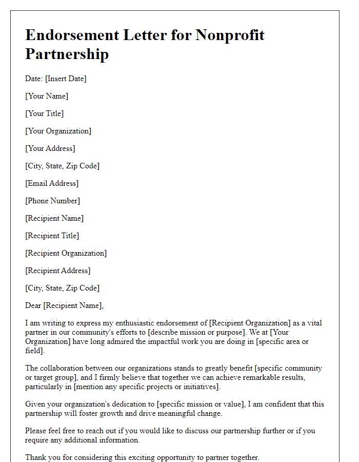 Letter template of endorsement for nonprofit partnership