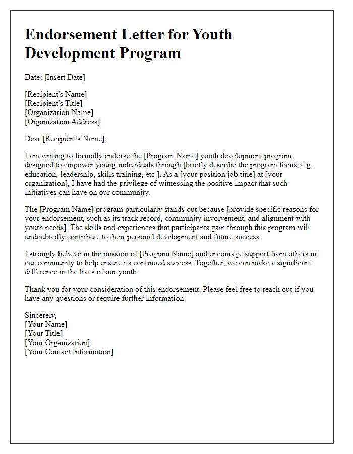 Letter template of endorsement for youth development programs