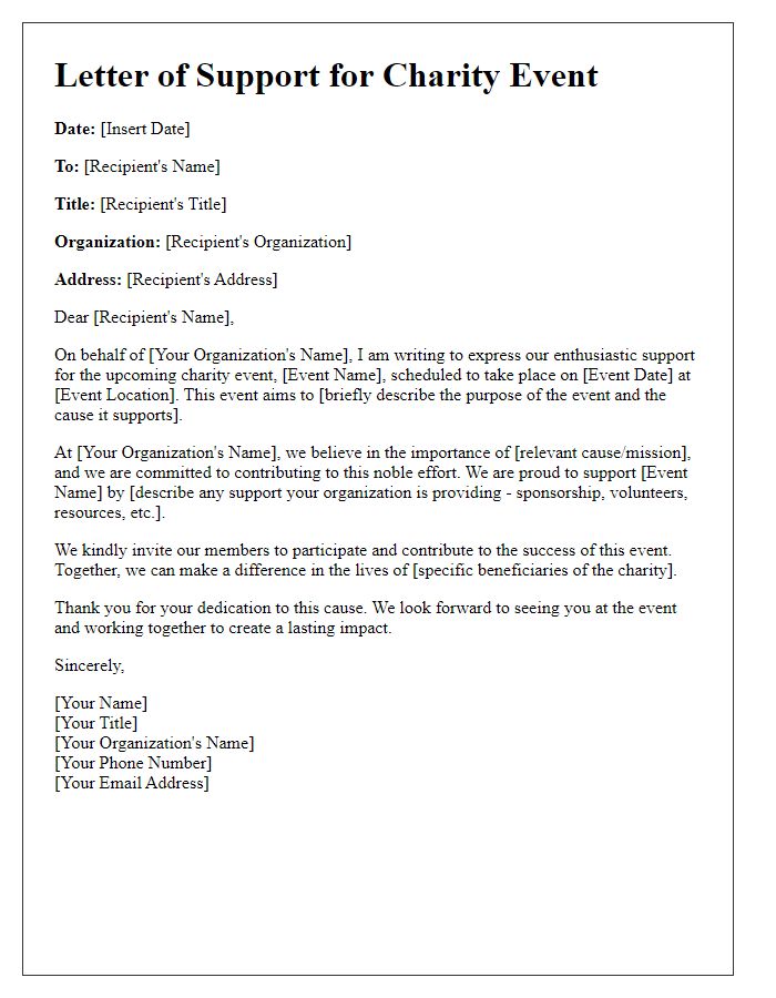 Letter template of organizational support for a charity event