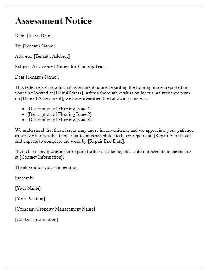 Letter template of Assessment Notice for Tenant's Flooring Issues