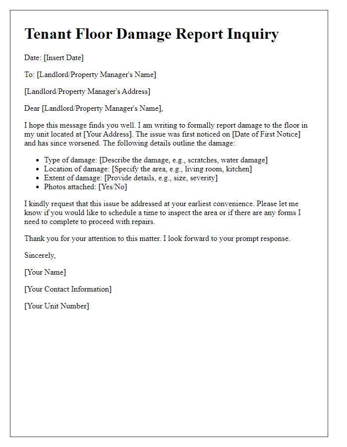 Letter template of Tenant Floor Damage Report Inquiry