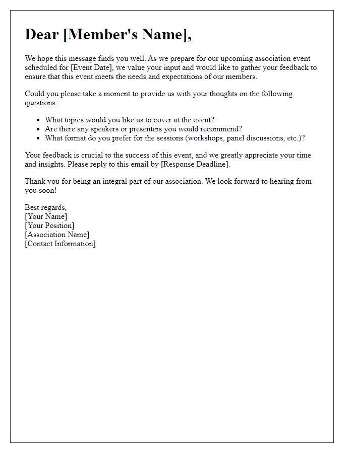 Letter template of member feedback solicitation for upcoming association event