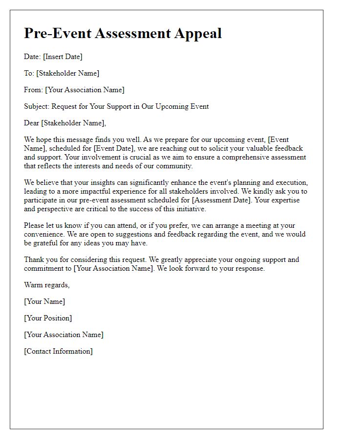 Letter template of pre-event assessment appeal for association stakeholders