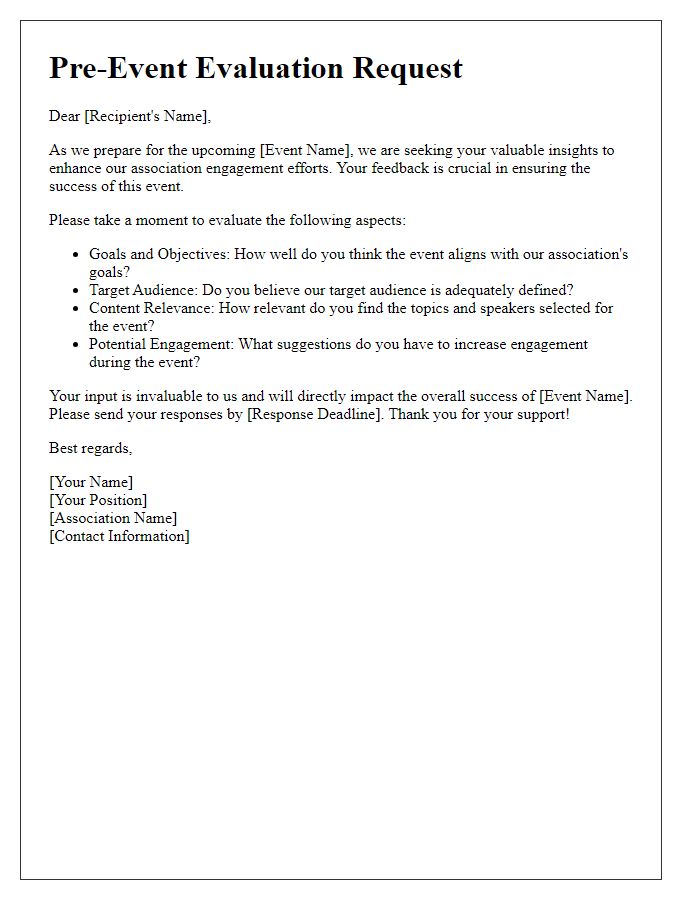 Letter template of pre-event evaluation request for association engagement