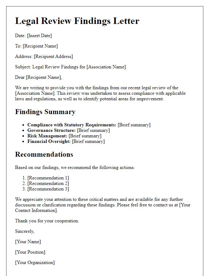 Letter template of association legal review findings