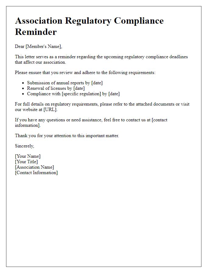 Letter template of association regulatory compliance reminder