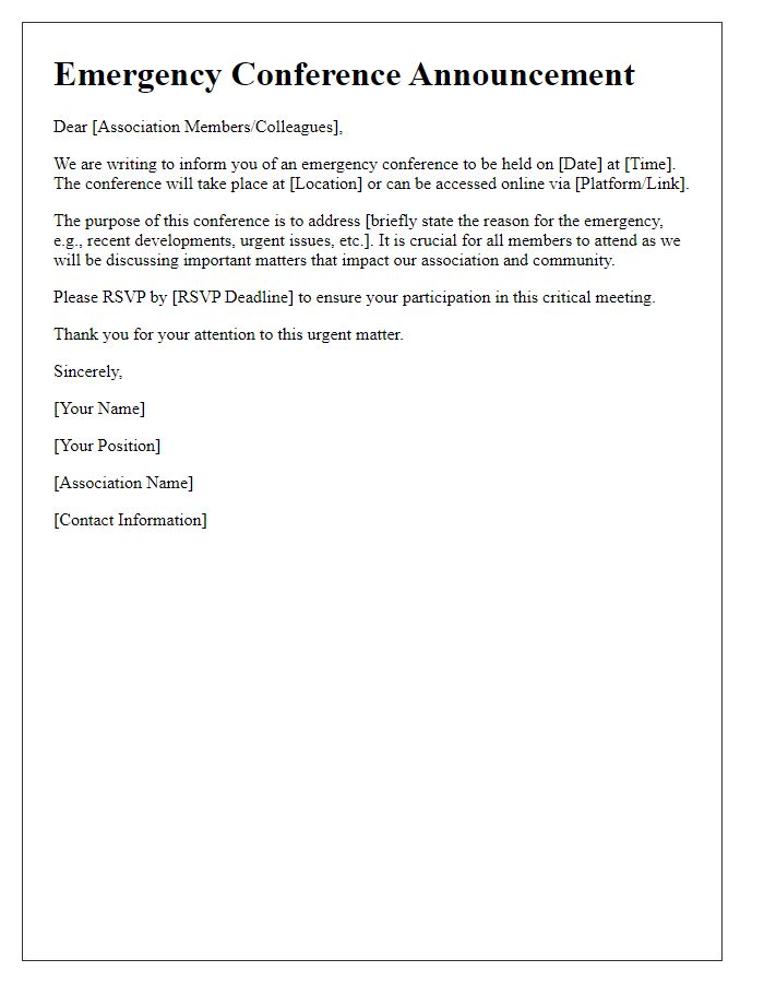 Letter template of association emergency conference announcement