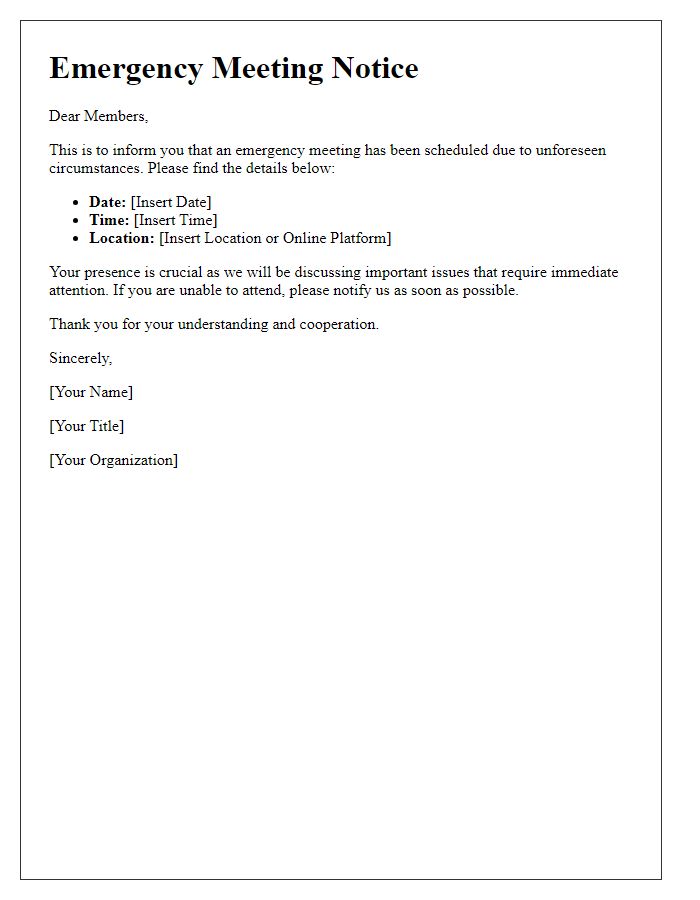 Letter template of last-minute emergency meeting schedule for members