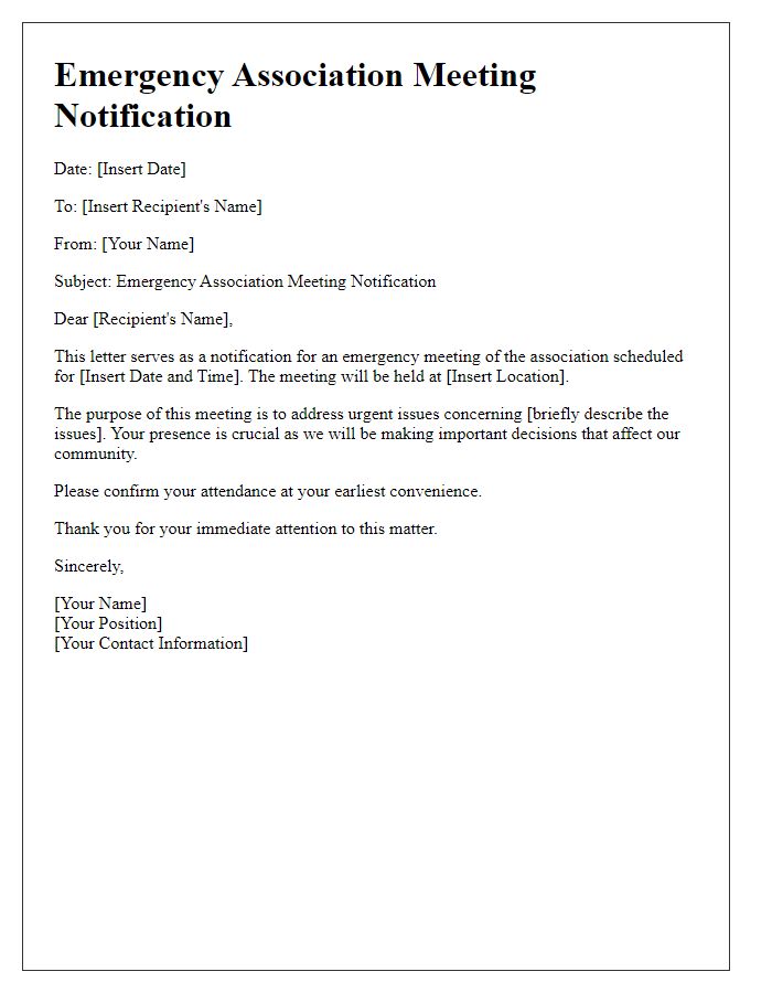 Letter template of swift notification for emergency association meeting