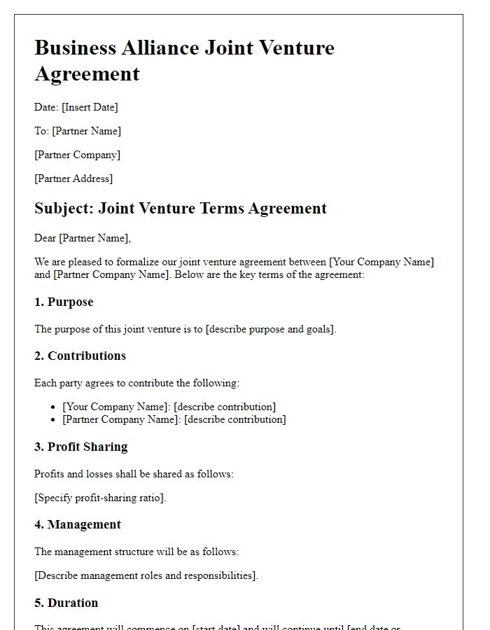 Letter template of business alliance joint venture terms