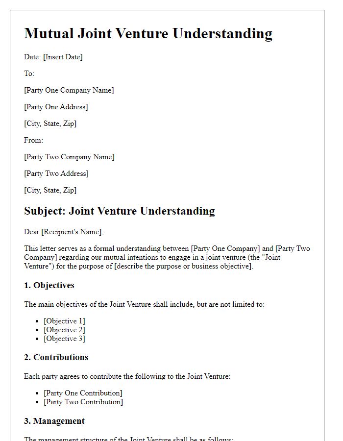 Letter template of mutual joint venture understanding