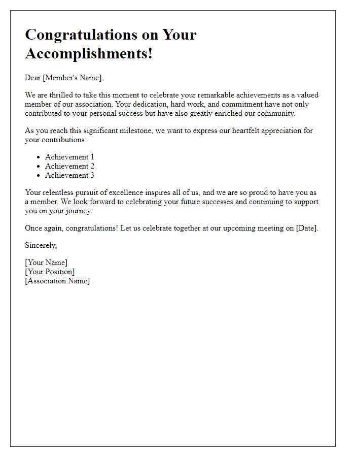 Letter template of celebration for association member accomplishments