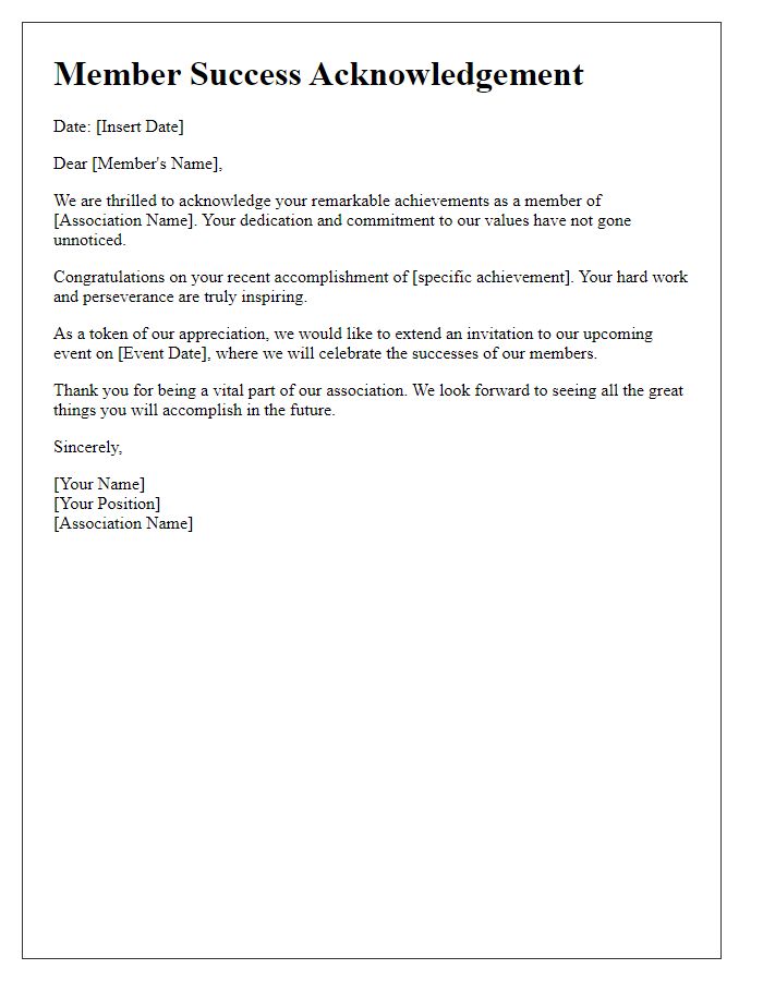 Letter template of member success acknowledgement in the association