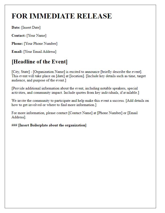 Letter template of press release distribution for community events.