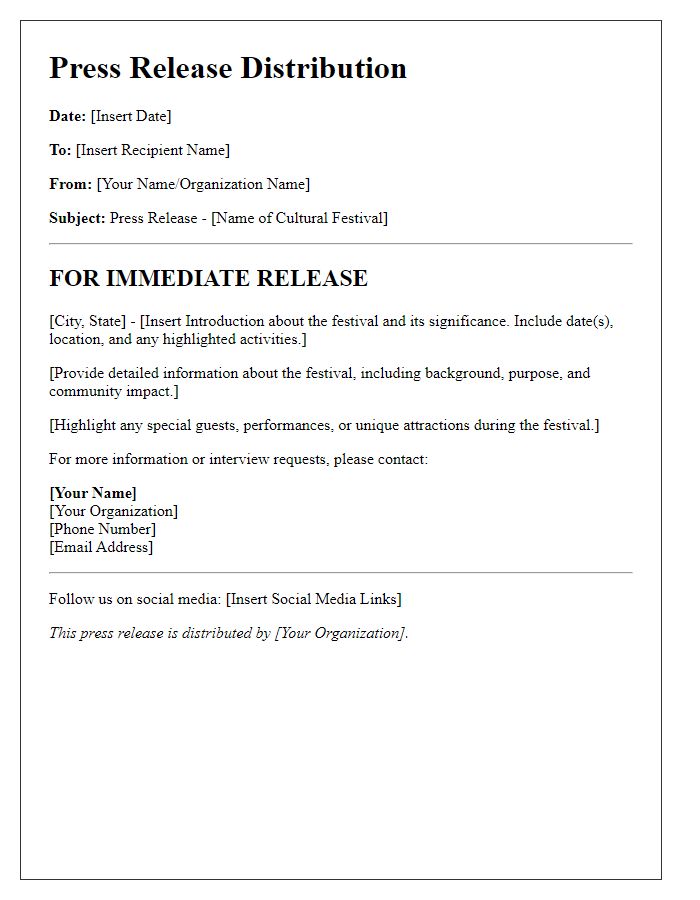 Letter template of press release distribution for cultural festivals.