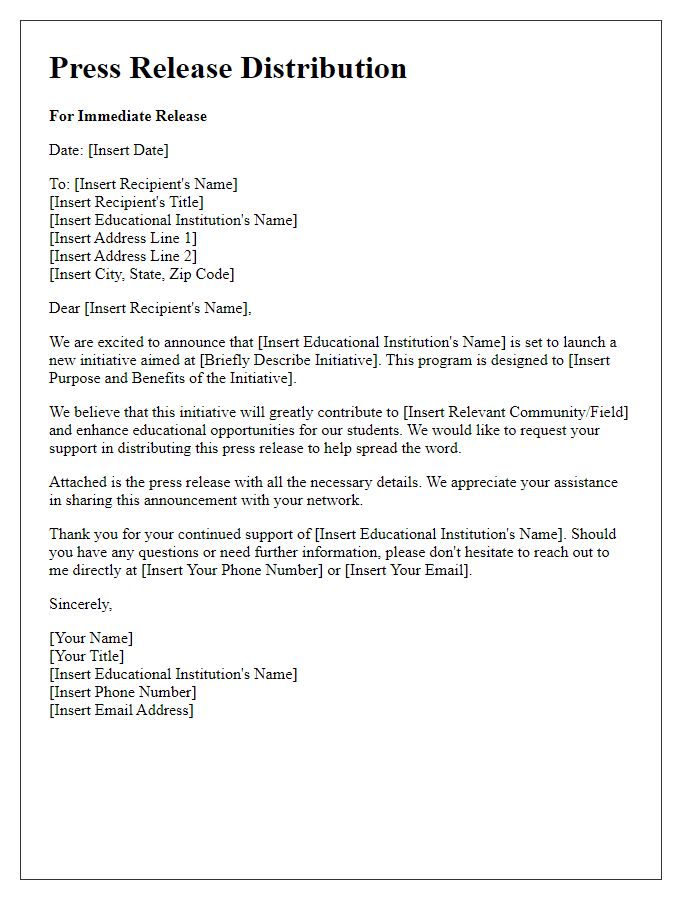 Letter template of press release distribution for educational institutions.