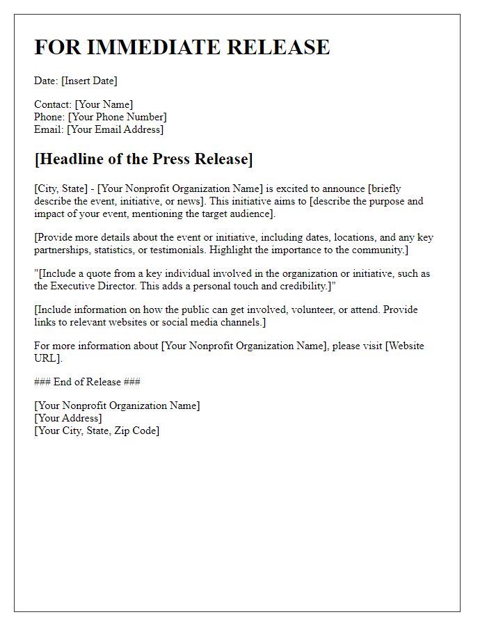 Letter template of press release distribution for nonprofit organization.