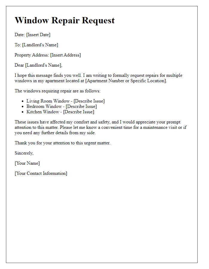 Letter template of tenant window repair request for multiple windows.