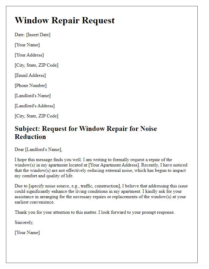 Letter template of tenant window repair request for noise reduction.