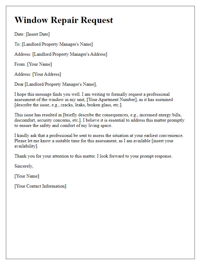 Letter template of tenant window repair request for professional assessment.