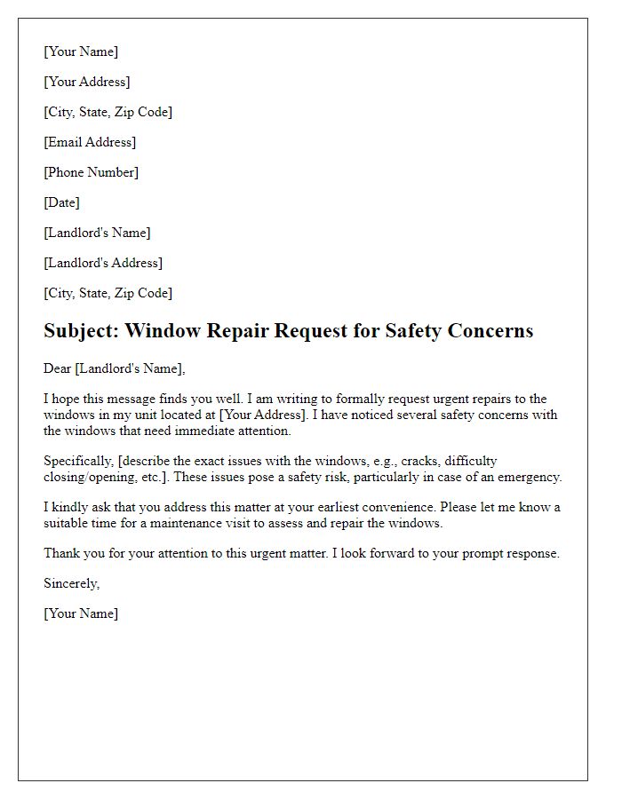 Letter template of tenant window repair request for safety concerns.