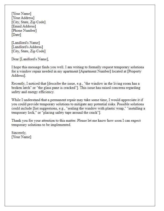 Letter template of tenant window repair request for temporary solutions.