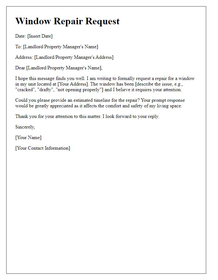 Letter template of tenant window repair request for timeline estimation.