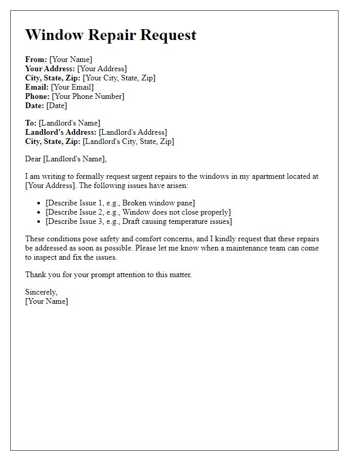 Letter template of tenant window repair request for urgent repairs.