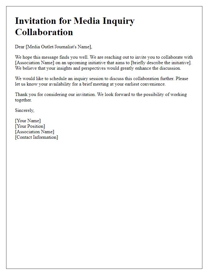 Letter template of media inquiry invitation for association collaboration