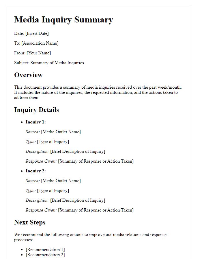 Letter template of media inquiry summary for association communication