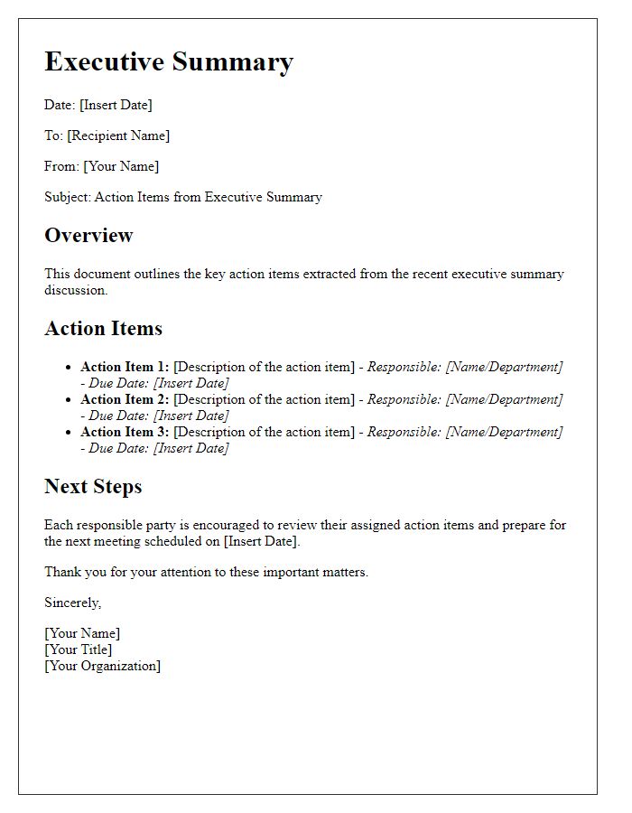 Letter template of association executive summary action items