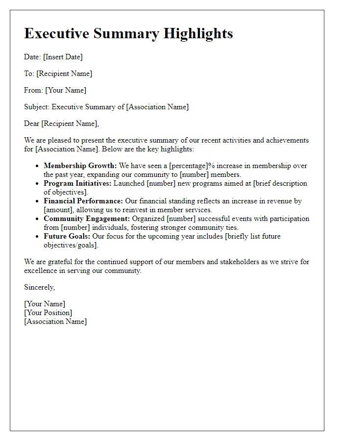 Letter template of association executive summary highlights